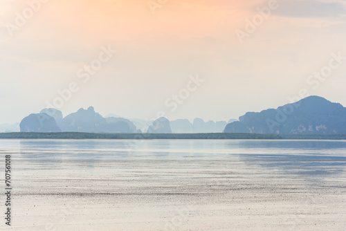 The mountains in the distance are intricate  the sky is golden  and there are mangrove forests. There is a sea in front and a faint mist.