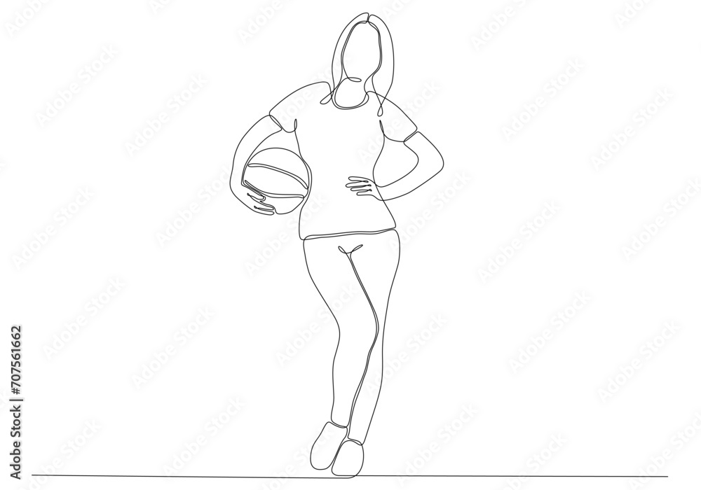 Continuous line art of woman playing basketball