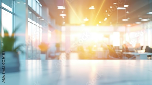 Beautiful blurred background of a light modern office interior with panoramic windows and beautiful lighting.