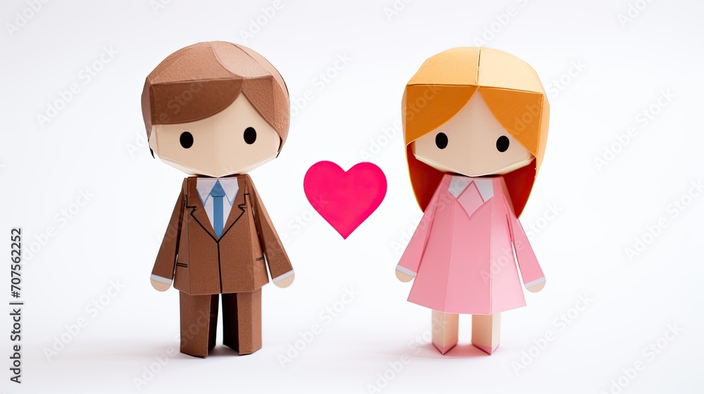 Couple man and woman made by papercraft with heart shape among them isolated over white background. Valentine's day concept. Couple man and woman made by papercraft with heart shape among them isolated over white background. Valentine's day concept.