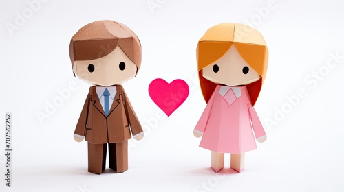 Couple man and woman made by papercraft with heart shape among them isolated over white background. Valentine's day concept.