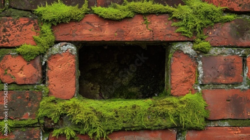 An old texture of red brick wall with green moss that sprouted on the wall. The picturesque brickwork is being destroyed by old age.