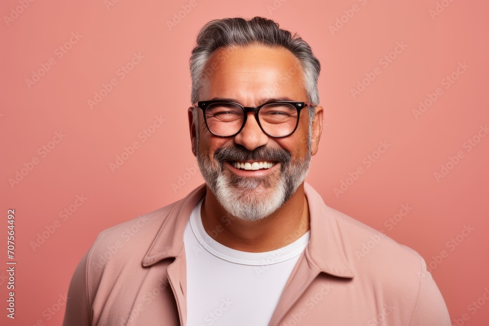 Portrait of a happy senior man in eyeglasses on a pink background. Portrait of a happy senior man in eyeglasses on a pink background.