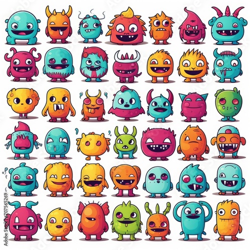collection of cute monster on white background, Chibi cute style, separated each element.