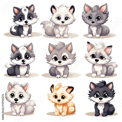 collection of cute wolf, graphic, on white background, Chibi cute style, separated each element