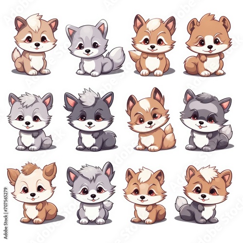 collection of cute wolf, graphic, on white background, Chibi cute style, separated each element