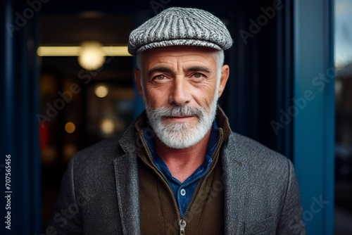 Portrait of a handsome senior man with grey beard and hat.