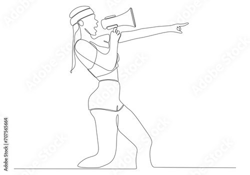 continuous line drawing of young woman with megaphone on white background vector illustration