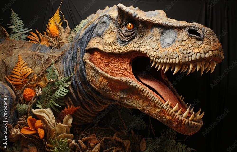 fabric stumpwork embroidery of dinosaur on forest and flowers, fantasy on dark background. Hight detailed fabric stumpwork embroidery. fabric stumpwork embroidery of dinosaur on forest and flowers, fantasy on dark background. Hight detailed fabric stumpwork embroidery.