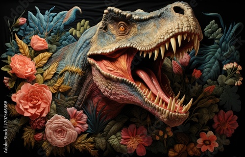 fabric stumpwork embroidery of dinosaur on forest and flowers, fantasy on  dark background. Hight detailed fabric stumpwork embroidery. © peacehunter