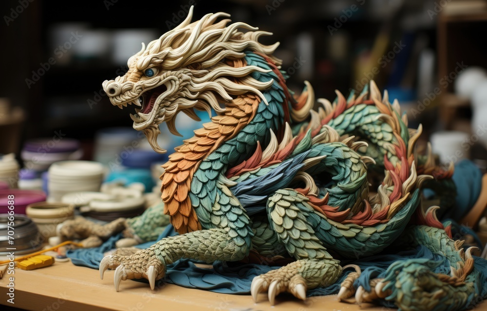 Fototapeta premium fabric stumpwork embroidery of Dragon, fantasy on dark background. Hight detailed fabric stumpwork embroidery.