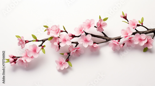 A cherry blossom branch with delicate pink flowers signaling spring on white background. 3D render