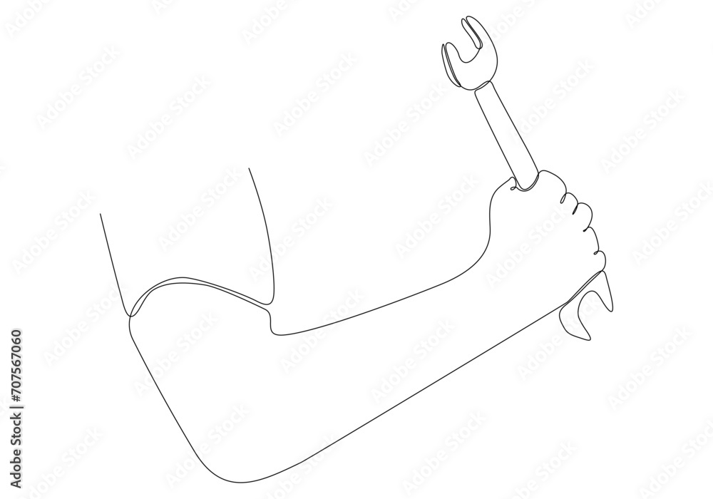 Drawing continuous line of master hand holding wrench and other keys for car repair. auto service concept Drawing continuous line of master hand holding wrench and other keys for car repair. auto service concept