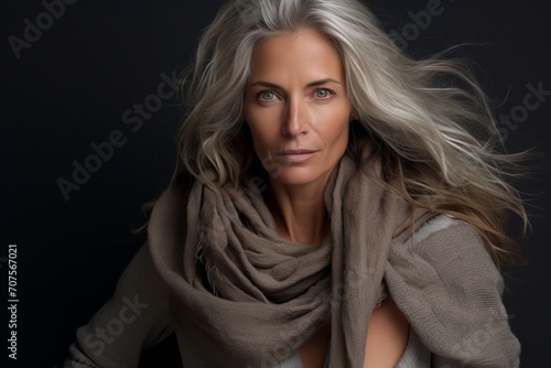 Portrait of a beautiful woman with long blond hair and gray scarf.