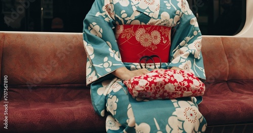 Photography Person, japan or travel by train in kimono or locomotive transportation on metro bullet in city