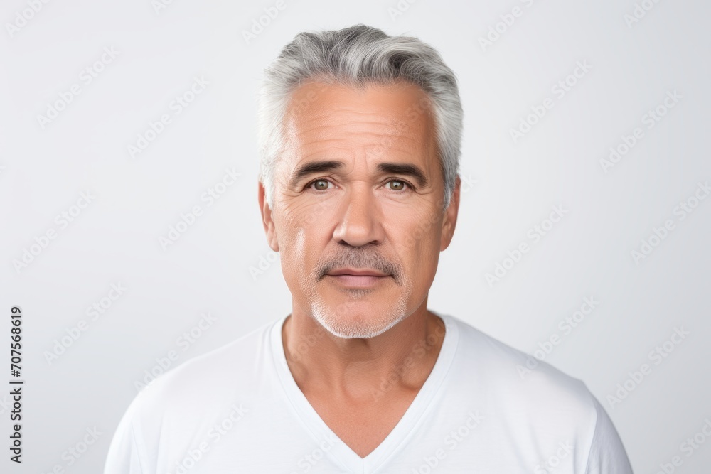 Portrait of mature man in white t-shirt, isolated on grey background Portrait of mature man in white t-shirt, isolated on grey background