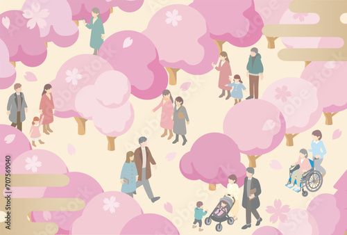 フレーム アイソメトリック 人物 家族 子供 春 お花見 さくら 桜 背景 イラスト素材