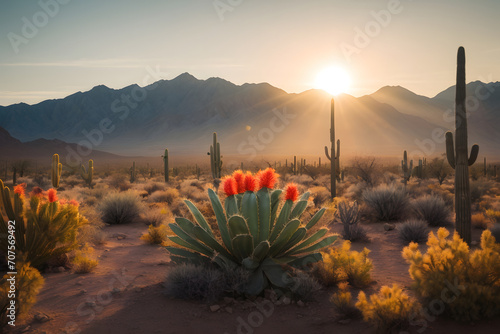 Beautiful Arizona Sunrise, Desert mountain range, Pretty cactuses, Foggy Sunrise