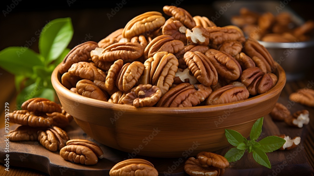 Pecan Nuts in a Wooden Bowel on a Wooden Cutting Board. Generative AI Pecan Nuts in a Wooden Bowel on a Wooden Cutting Board. Generative AI