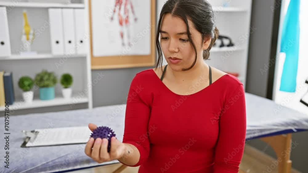 A hispanic woman in a red top examines a therapy ball at a rehabilitation clinic, reflecting healthcare, diversity, and wellness. A hispanic woman in a red top examines a therapy ball at a rehabilitation clinic, reflecting healthcare, diversity, and wellness.