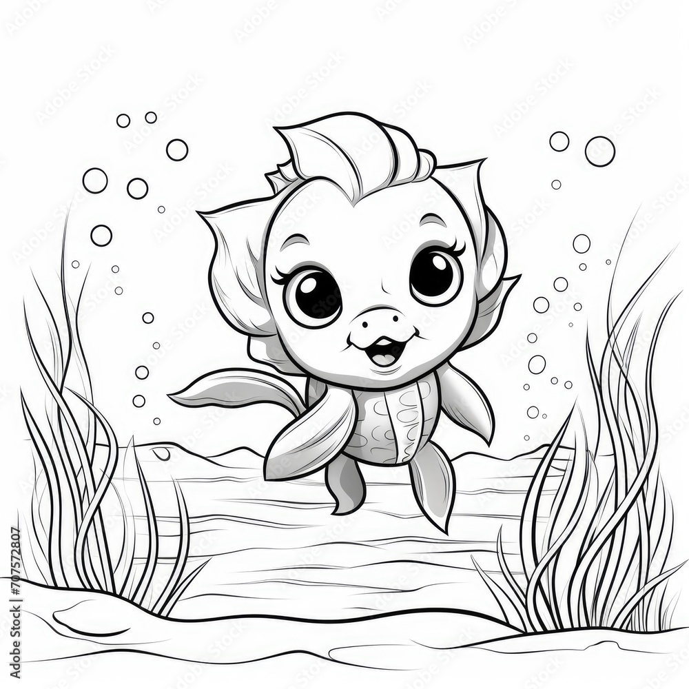 under water coloring page. Sea life coloring book, black and white outline cartoon