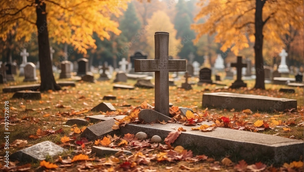 Autumnal Christian graveyard with colorful leaves scattered among the tombstones and a rustic wooden cross Generative AI