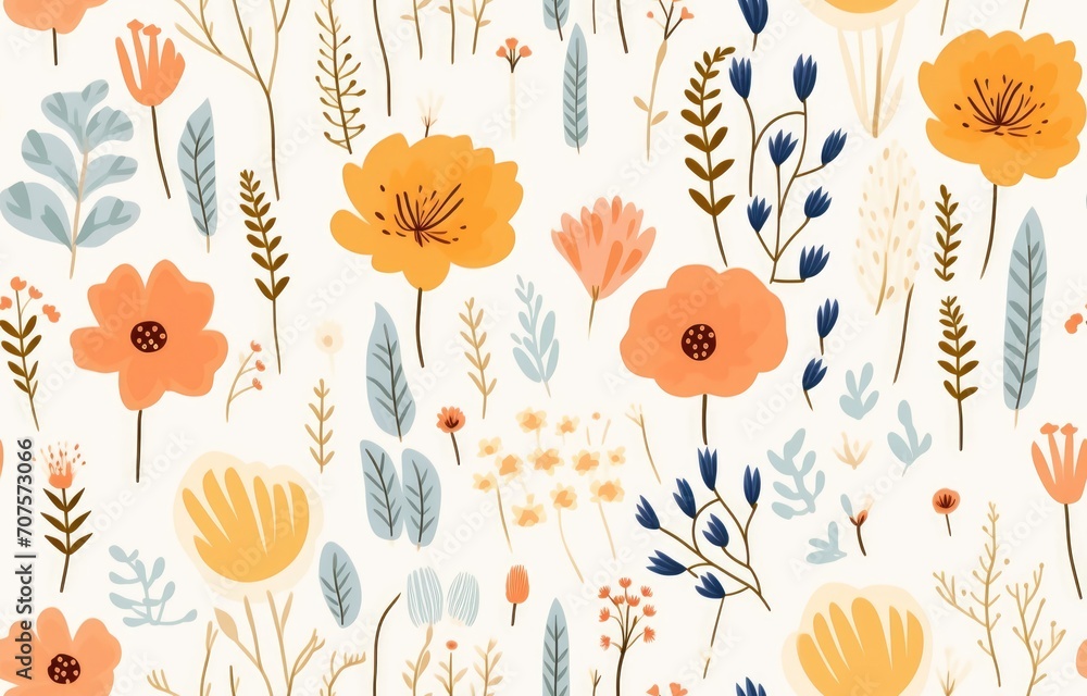 whimsical botanical style pattern background of cute summer style, Seamless floral pattern