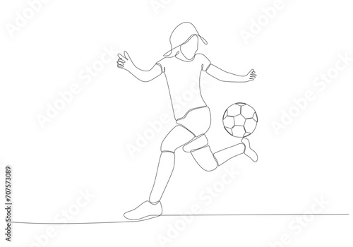 Continuous line drawing of female soccer player kicking the ball. Single line art of young female soccer player dribbling and juggling the ball. Vector illustration