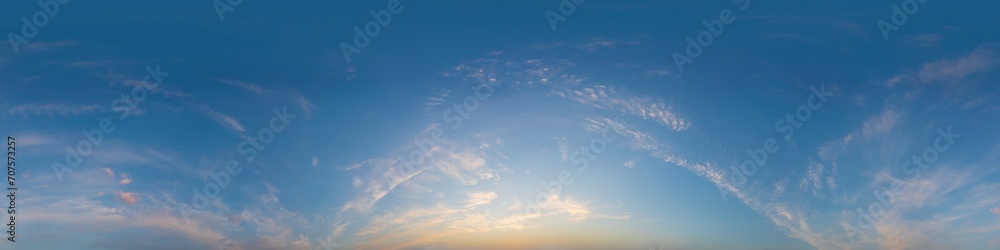 Sunset sky panorama with bright glowing pink Cirrus clouds. Seamless hdr 360 panorama in spherical equirectangular format. Full zenith for 3D visualization, sky replacement for aerial drone panoramas