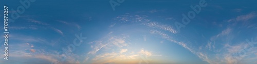 Sunset sky panorama with bright glowing pink Cirrus clouds. Seamless hdr 360 panorama in spherical equirectangular format. Full zenith for 3D visualization  sky replacement for aerial drone panoramas