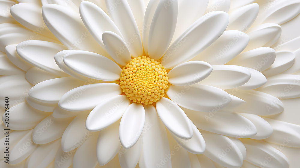 A sprightly daisy with white petals and sunny center, symbolizing purity on white canvas. 3D render - obrazy, fototapety, plakaty 
