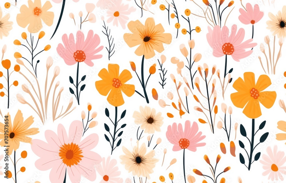 Cute seamless pattern with flowers, gentle spring summer mood hand drawn floral, Botanical backdropl Cute seamless pattern with flowers, gentle spring summer mood hand drawn floral, Botanical backdropl