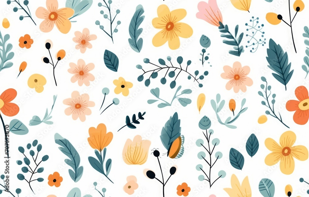 Cute seamless pattern with flowers, gentle spring summer mood hand drawn floral, Botanical backdropl Cute seamless pattern with flowers, gentle spring summer mood hand drawn floral, Botanical backdropl