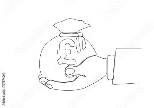 Hand holding Money bag with pondsterling Sign. continuous line drawing