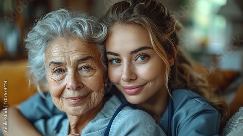Professional care at home, A young nurse attends to a senior woman, ensuring health support and compassionate eldercare in a comfortable setting, nursing and caregiver concept 