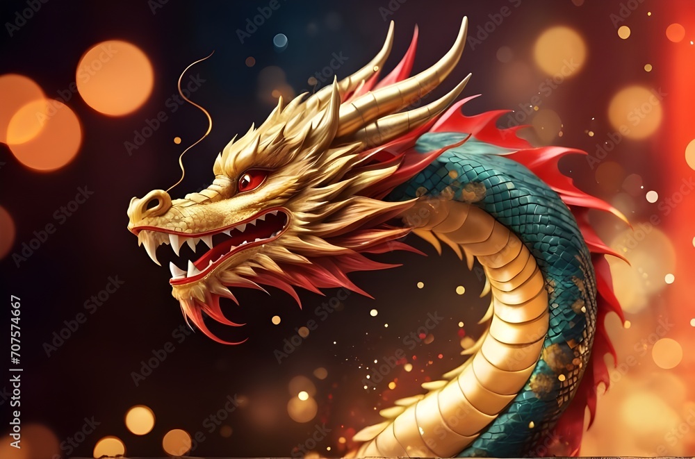 Chinese happy new year dragon illustration with copy space blur bokeh background