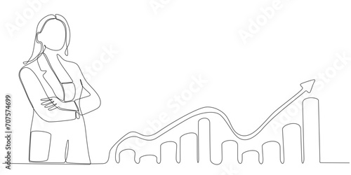Continuous line drawing of business woman looking for investment opportunity standing on growth char