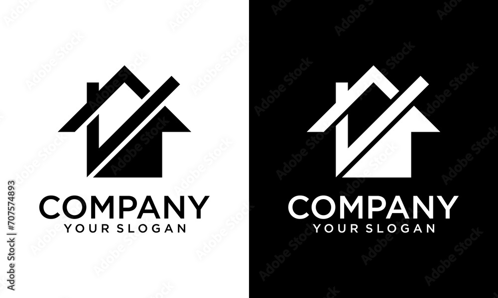 Creative Real estate logo - home or house with chimney and check mark or tick symbol. Realty and property agency, construction or building industry vector icon. - obrazy, fototapety, plakaty 