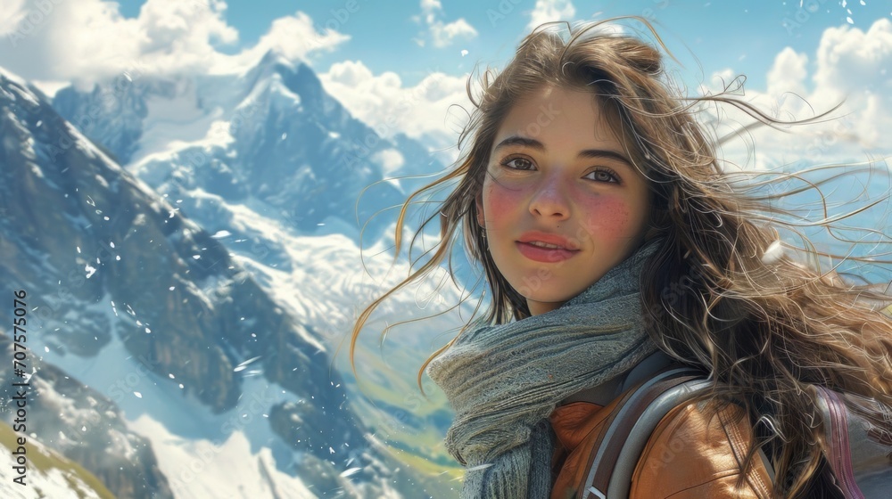 Realistic portrayal of a girl's close-up in the mountains, hair fluttering in the wind while she smiles amid the majestic mountain scenery Generative AI