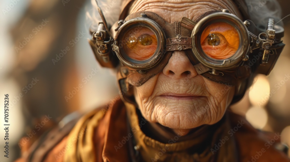 Realistic portrayal of an elderly person in steampunk fashion, radiating cheerfulness and contentment in a post-apocalyptic world Generative AI Realistic portrayal of an elderly person in steampunk fashion, radiating cheerfulness and contentment in a post-apocalyptic world Generative AI