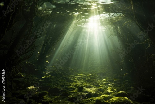 Floating Seaweed Forest: Sunlight filtering through a dense forest of floating seaweed.