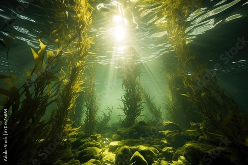 Floating Seaweed Forest: Sunlight filtering through a dense forest of floating seaweed. © OhmArt