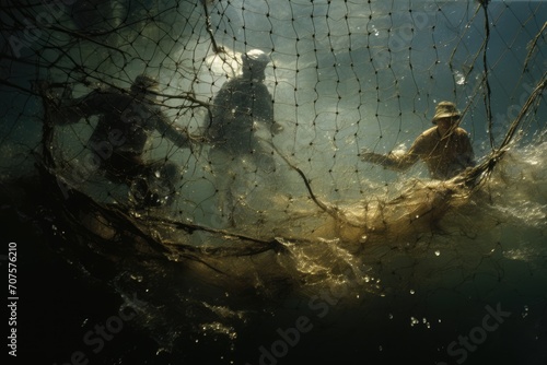 Fishermen's Catch: An underwater perspective of fishermen pulling in a net. photo