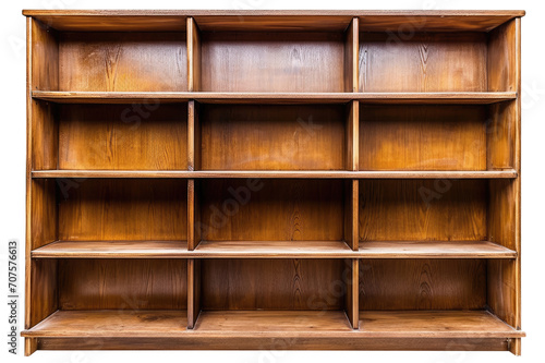 Empty wooden bookshelves isolated on transparent background
