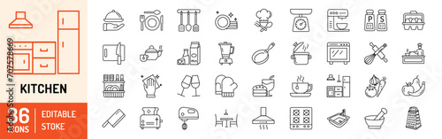 Kitchen editable stroke outline icons set. Food, fork, glass, pepper salt, dish, blender, spices, spoon, knife and utensils. Vector illustration photo