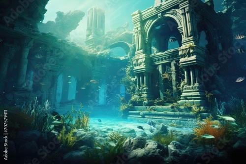 Ancient Submerged City: Ruins of an ancient civilization beneath the waves.