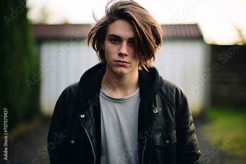 Portrait of a handsome young man in black leather jacket outdoor.