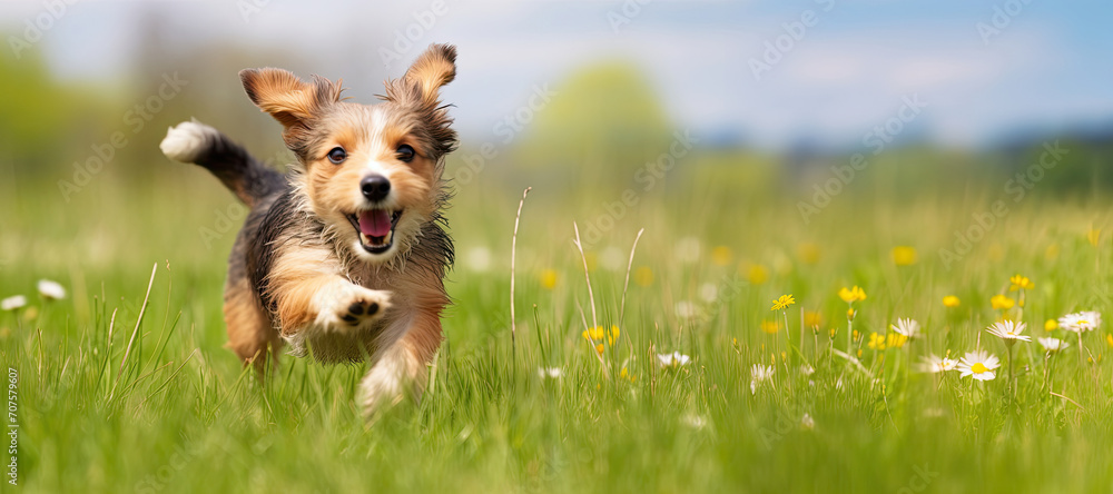 Dog running in the meadow with flowers in summer