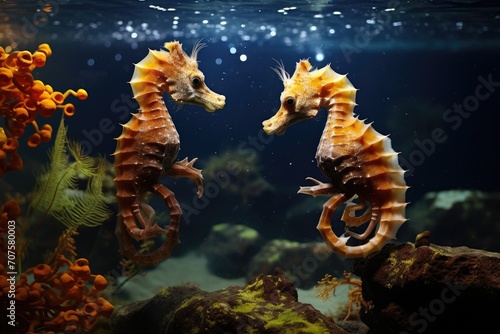 Seahorse Playground: Playful seahorses interacting in their natural habitat.