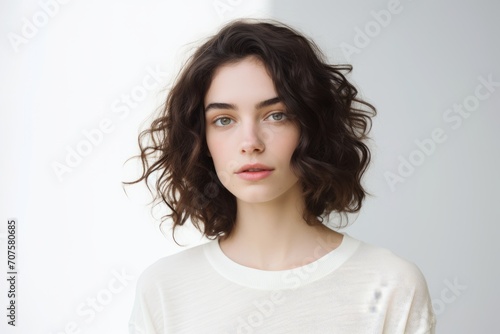 Portrait of a beautiful young brunette woman with curly hair.